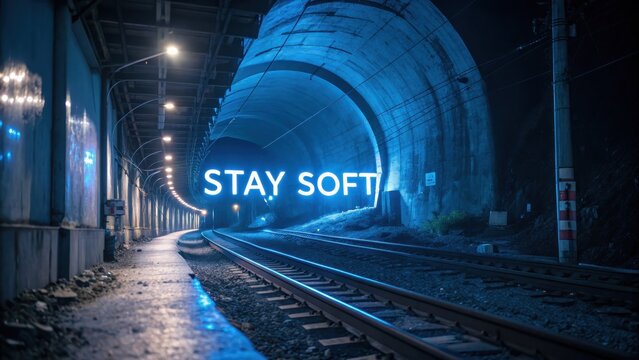 Nighttime Tunnel with Soft Neon Message Illuminating the Tracks