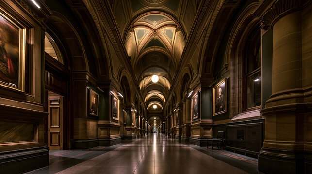 deans. Grand corridor in an old library lined with portraits of past deans. real-estate listings, architecture portfolios, designed for architectural facade and classical detail presentations.