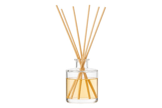 Elegant glass reed diffuser with natural wooden sticks and amber liquid