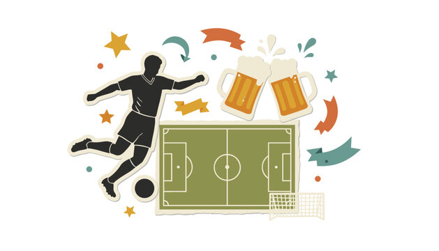 Silhouette of a person kicking a spherical object combined with beer mugs and a surface diagram on a textured background for social pub promotions.