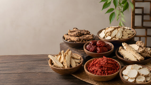 Luxury Traditional Chinese Herbal Medicine Ingredients on Rustic Wooden Table