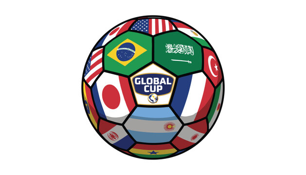 International sports emblem featuring a spherical object covered in various national flags with a central Global Cup logo for worldwide unity and branding.