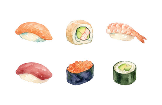 Watercolor Sushi Minimalist Icon Set