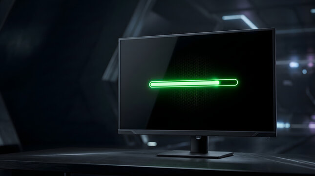 Dark monitor with green loading progress line showing futuristic software update and systems startup