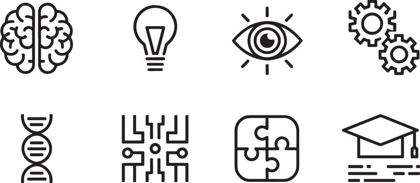 Set of science and education including brain DNA lightbulb and graduation cap