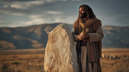 Obraz premium Jacob Consecrates the Stone at Dawn, Standing in Open Country with Oil in His Hand Beneath the Vast Sky After Receiving a Divine Vision