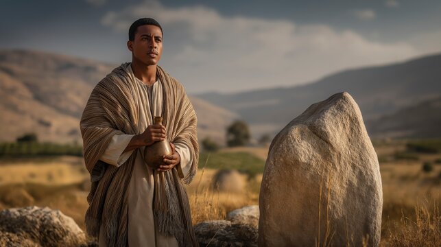Jacob Consecrates the Stone at Dawn, Standing in Open Country with Oil in His Hand Beneath the Vast Sky After Receiving a Divine Vision