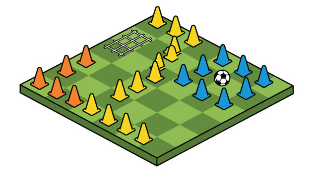 Board game style football pitch with a checkered pattern and various colored training cones, suggesting a tactical tabletop simulation or strategy planning.