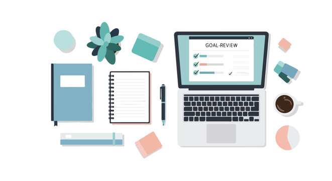 A clean office desk layout viewed from above, showcasing a laptop with a goal review screen, various stationery items, and a potted plant.