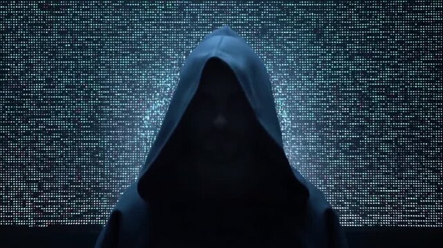 Hooded figure in front of digital code display with glitch effect and mysterious atmosphere