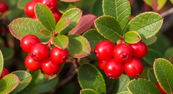 Bright red ripe lingonberry fruit growing on a green shrub in the wild forest during a sunny autumn day. american bearberry