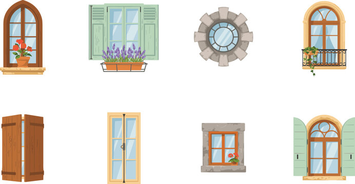 Rustic European Window Set with Arched Stone Frames Wooden Shutters and French Balcony for Old World Architectural and Facade Graphic Designs