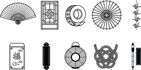 Traditional Asian paper craft art vectors including folding fan frame shoji screen panel washi tape parasol skeleton crane chain red envelope © ArtFlex