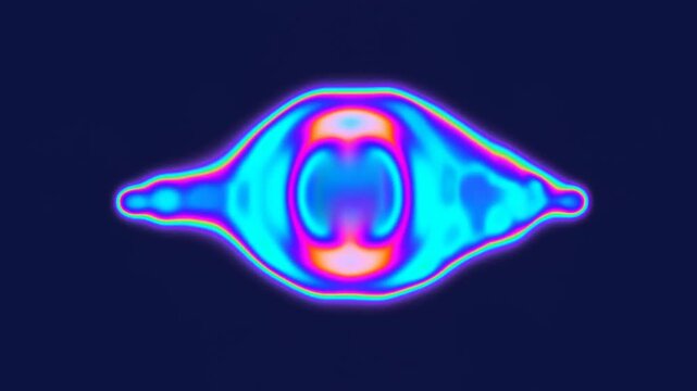 Time lapse static close up of expanding abstract fluid heatmap shape on dark studio background pulsating and morphing in center frame