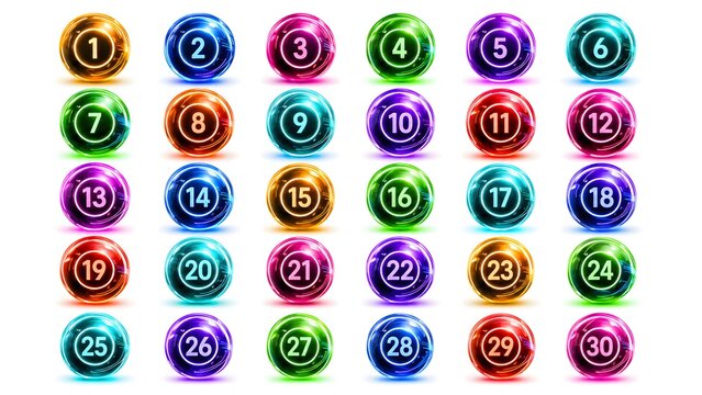 Set of 30 glossy colorful lottery balls with numbers isolated on white background