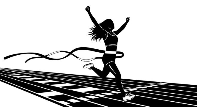 Woman runner crossing the finish line. Silhouette of athletic looking female runner running. Vector, JPEG version.