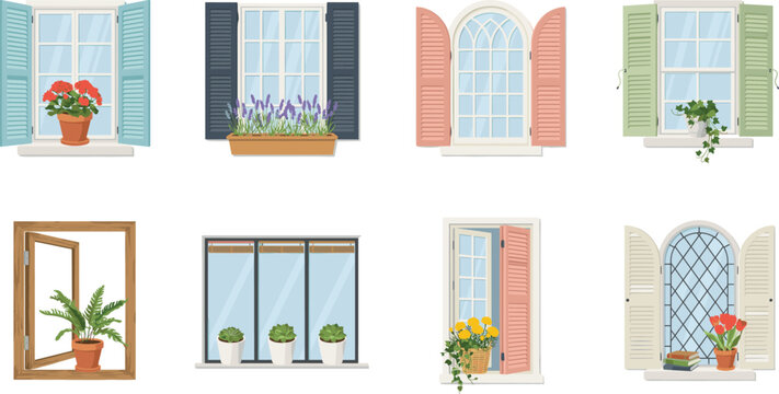 Vintage House Window Vector Set with Open Wooden Shutters and Potted Flowers for Exterior Architectural and Home Interior Graphic Designs