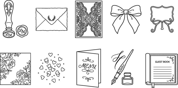 Luxury stationery wedding paper craft graphics assortment including wax seal stamp deckled edge envelope laser cut invitation lace ribbon bow holder