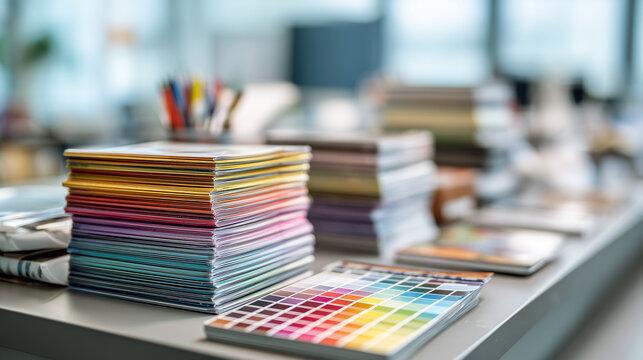 colorful notebook stack and print color swatch on creative office desk in modern design studio workspace