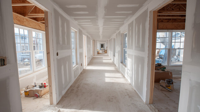 unfinished drywall interior corridor in residential house under renovation with natural sunlight and construction progress