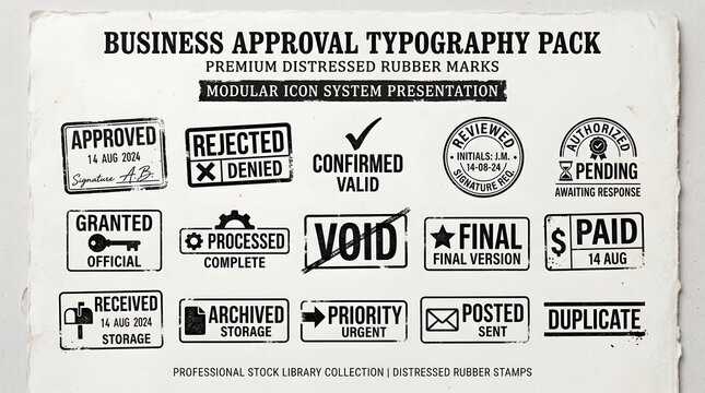 Vintage distressed business rubber stamp set with approved rejected paid void and received marks isolated PNG with Transparent Background