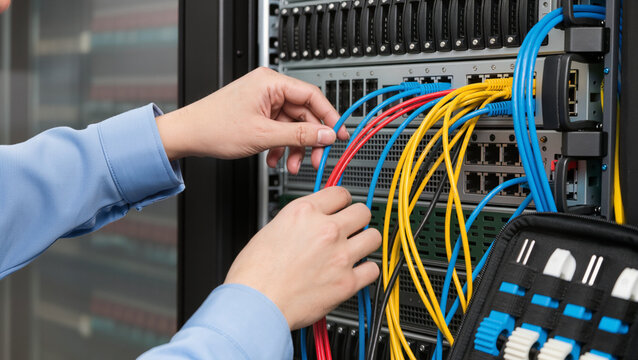 Data center cable management, IT engineer patch panel configuration, Server room maintenance, Networking ethernet connections, Structured cabling installation, System administrator hardware setup