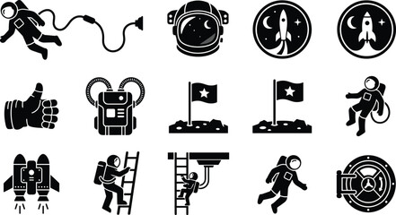 Astronaut and Space Exploration Black Glyph Icon Set with Rocket Ship Moon Landing and Cosmos Mission Symbols for Science Vector Design © Abdur