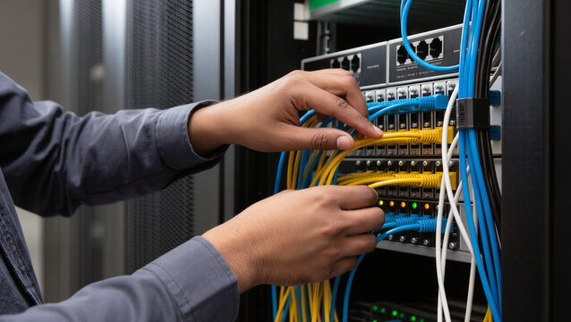 Data center cable management, IT engineer patch panel configuration, Server room maintenance, Networking ethernet connections, Structured cabling installation, System administrator hardware setup