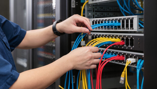 Data center cable management, IT engineer patch panel configuration, Server room maintenance, Networking ethernet connections, Structured cabling installation, System administrator hardware setup