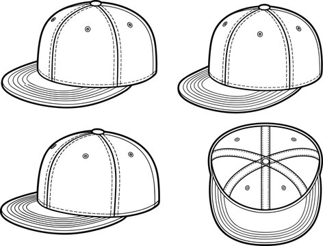 Vector flat sketch of blank hip hop style baseball snapback hat from multiple angles for fashion design technical apparel template.