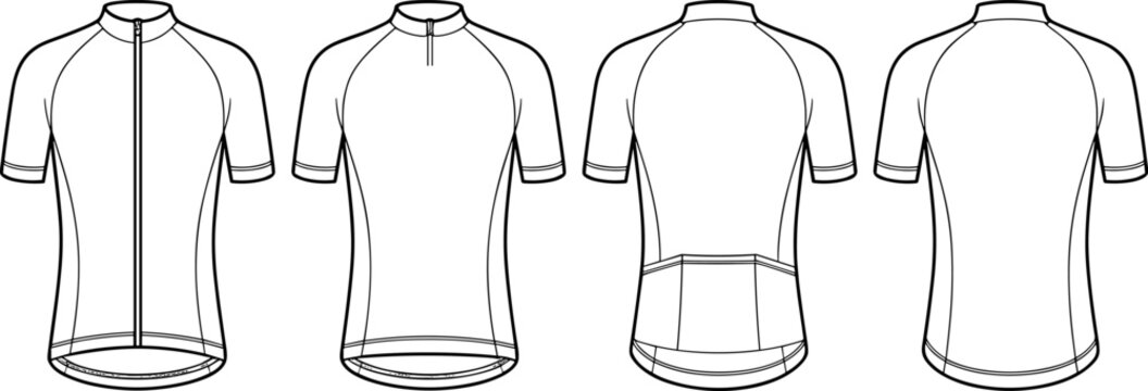 Vector flat technical sketch of blank cycling jerseys with zipper options, front and back view, for apparel design template image_de0842.jpg.