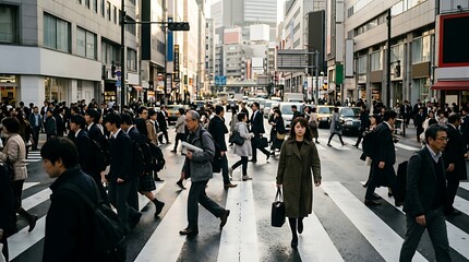 Obraz premium Crowd of commuters walking across a busy city street crosswalk