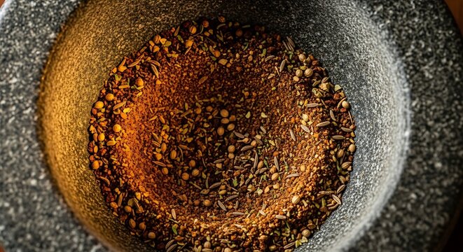 Fresh aromatic spices and seeds are ground inside a heavy dark granite stone mortar bowl