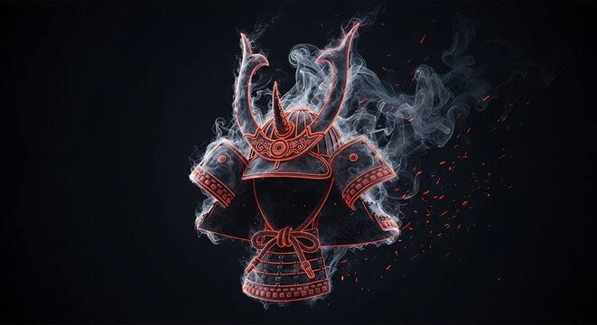 A samurai helmet surrounded by smoke on a dark background