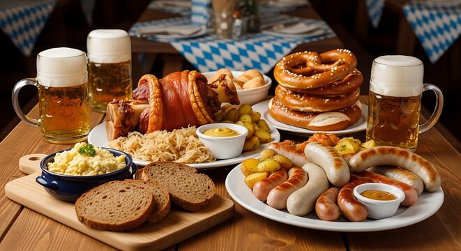 Traditional german feast with roasted pork knuckle and sausages