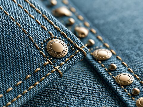 Close up of blue denim fabric showcasing buttons and stitching details with clear texture in natural light