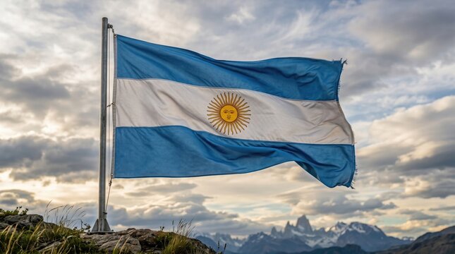 Argentina flag waving on flagpole, national flag of Argentina with Sun of May, patriotic symbol against cloudy sky and mountain landscape
