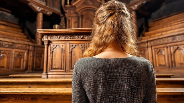 Person Approaching Raised Pulpit with Intricate Wood Carvings