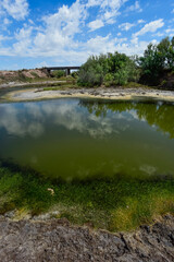 Obraz premium Bridge on Salado River or Chadileuvu River, La Reforma city, La Pampa Province, Argentina