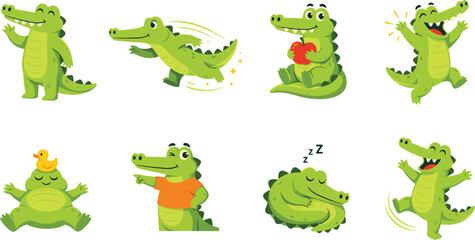 Naklejka premium Cute Crocodile Character Set showing Various Activities like Running Sleeping Eating Apple and Dancing for Nursery Decor and Kids Book Illustrations