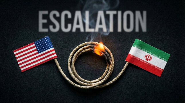 Burning fuse connecting American and Iranian flags, symbolizing tension and escalation in international relations, concept of geopolitical rivalry, economic sanctions, Middle East conflict