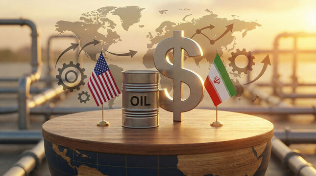 Dollar symbol with oil barrel, flags of USA and Iran and world map background, concept of geopolitical rivalry, oil politics, economic sanctions, Middle East conflict, space for text
