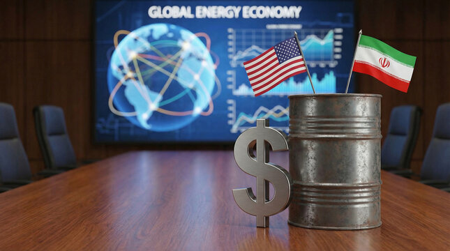 Dollar symbol next to oil barrel with US and Iran flags in conference room, global energy economy chart in background, concept of geopolitical rivalry, oil politics, economic sanctions