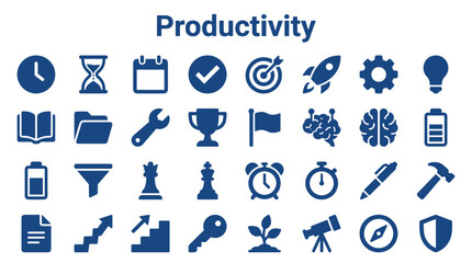 Fototapeta premium Collection of blue productivity icons representing business growth strategy planning and time management concepts on a white background