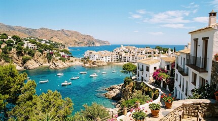 Fototapeta premium Coastal village with white houses overlooking turquoise sea and rocky cliffs in sunny Mediterranean landscape