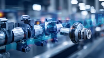 Fototapeta premium Modern technology close-up of industrial machine part with digital overlay