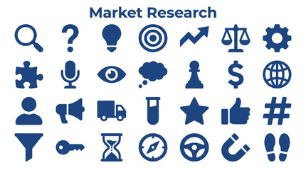 Fototapeta premium Market research icons set for business analysis strategy and planning in blue color on white background