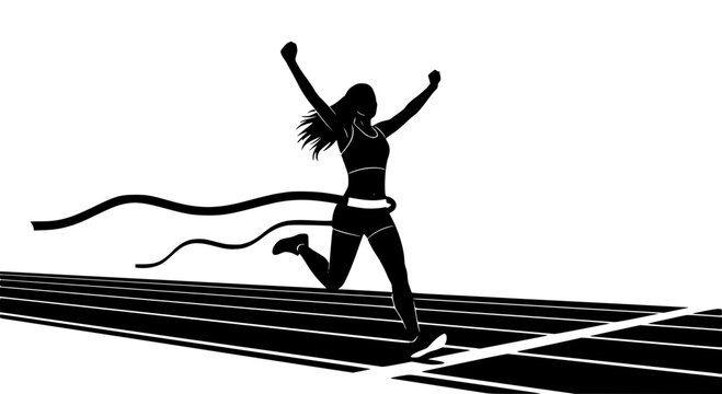 Woman runner crossing the finish line. Silhouette of athletic looking female runner running. Vector, transparent background SVG version.