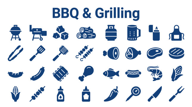 BBQ and Grilling Icon Set Featuring Food, Utensils, and Equipment for Outdoor Cooking and Summer Celebrations