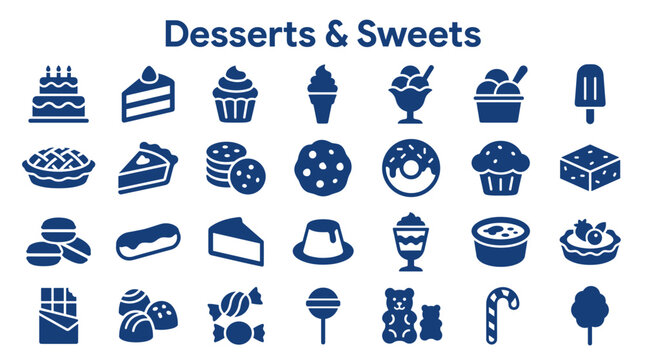 Collection of delicious desserts and sweet treats icons representing cakes pies cupcakes donuts ice cream and candy for confectionery and bakery concepts